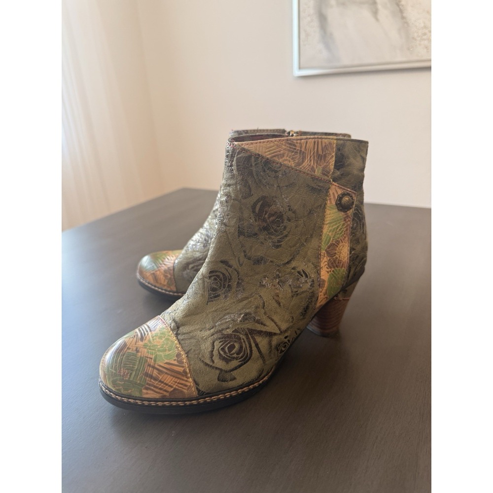 Spring Step L'Artiste Waterlily  Leather Boots Ankle Green Brown Floral S 7 - Picture 6 of 16